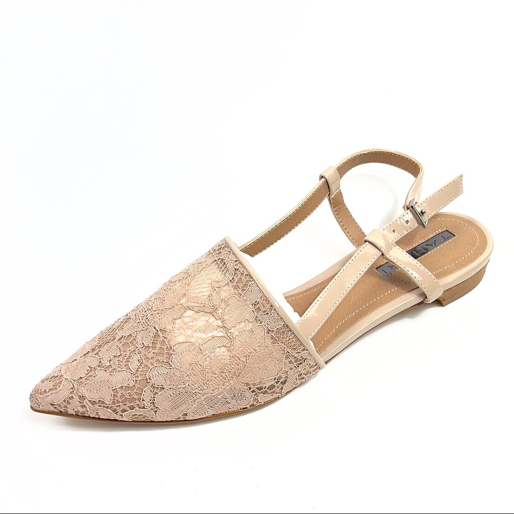 TAHARI Lace Slingback Flats Shoes Pointed Toe Nude